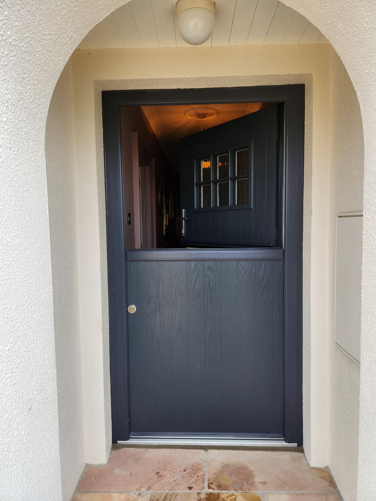 Anthracite stable door, top half open