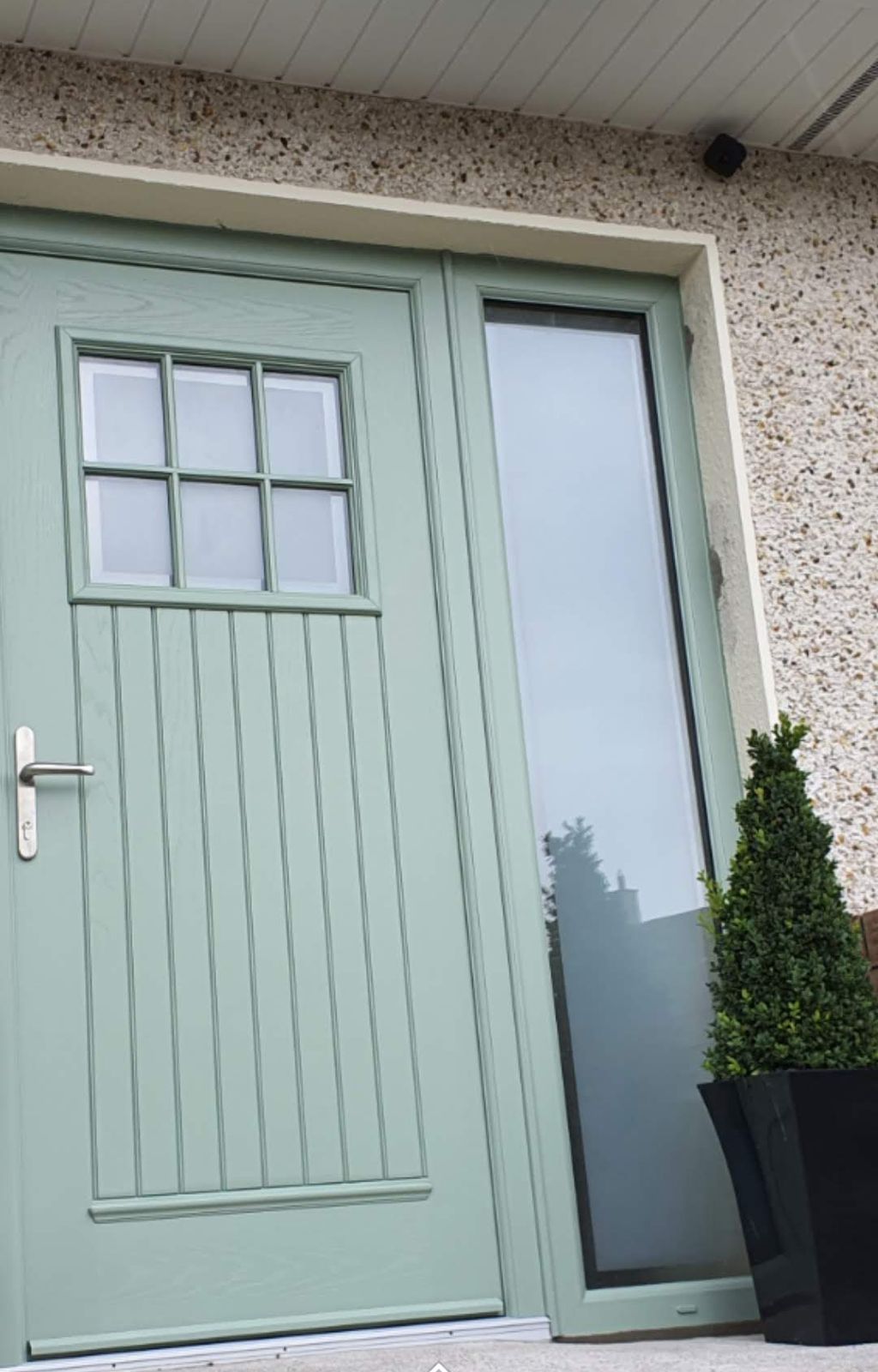 Sage green door with Georgian glass and side panel